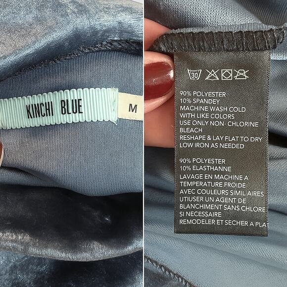 Kinchi Blue 90s Velvet Dress Women Medium Blue Crushed Long Sleeve Mock Neck - Picture 7 of 10